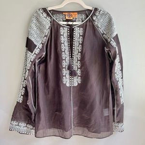 Tory Burch | Brown Embroidered Boho Tunic Top Blouse size 8